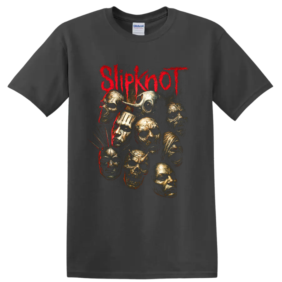 Slipknot red logo with distressed gold masks and skull-like faces on a Charcoal T Shirt