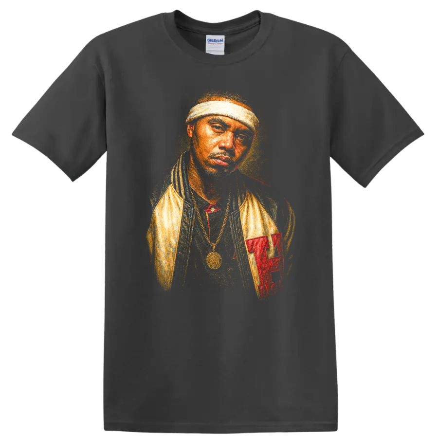 LL Cool J classic hip hop portrait graphic with headband and gold chain on a Charcoal T Shirt