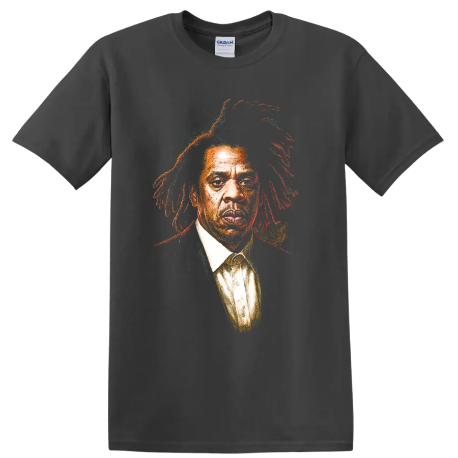 Jay-Z portrait graphic print with colorful painterly hip-hop textures on a Charcoal T Shirt