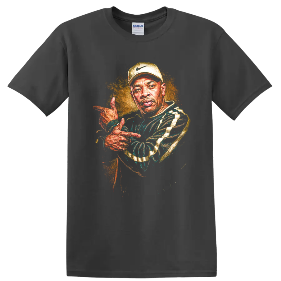 Dr. Dre portrait in vibrant hand-painted West Coast hip-hop style on a Charcoal T Shirt