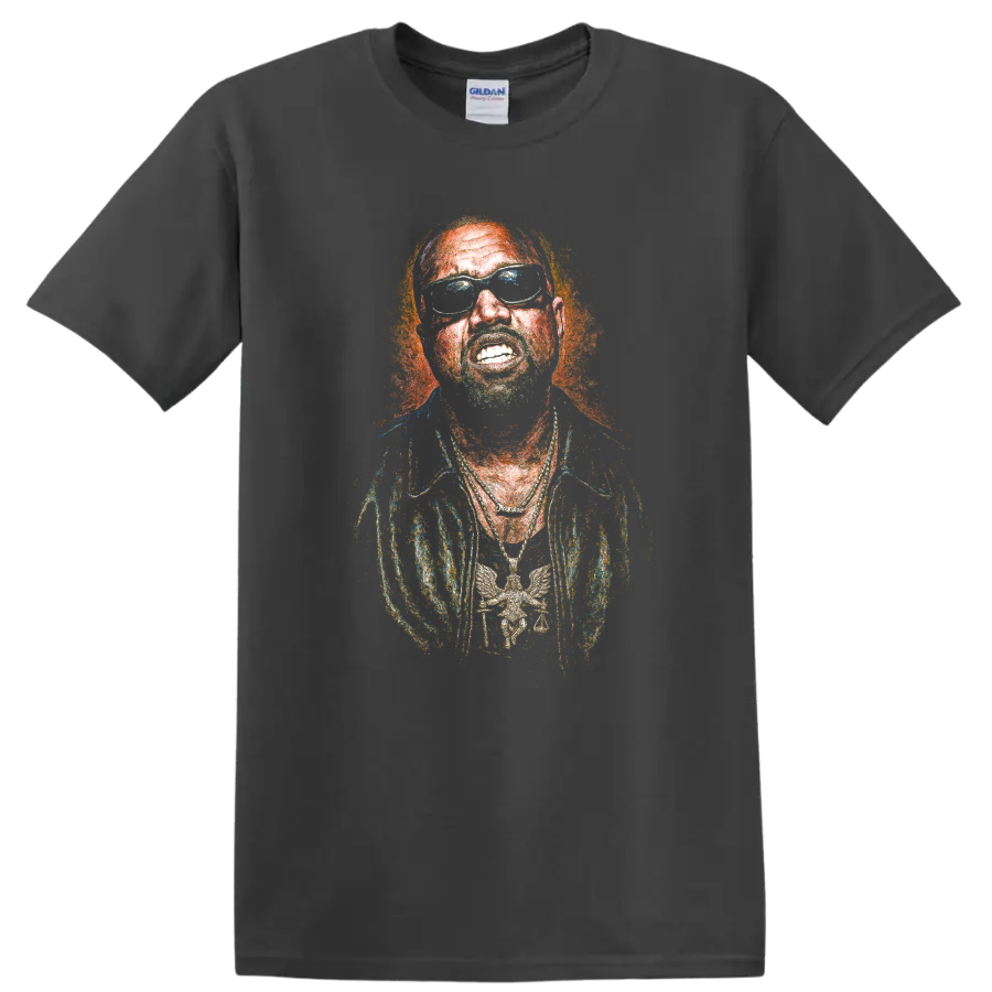 Kanye West stylized portrait with negative thermal-effect artwork on a Charcoal T Shirt