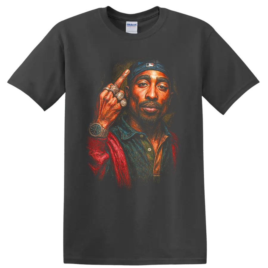 Colorful Tupac Shakur 2Pac hip-hop portrait graphic print on a Charcoal T Shirt