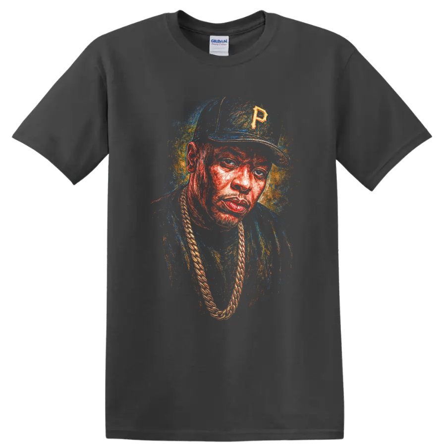 Oil-painted portrait of The Notorious B.I.G. in colorful hip-hop artwork on a Charcoal T Shirt