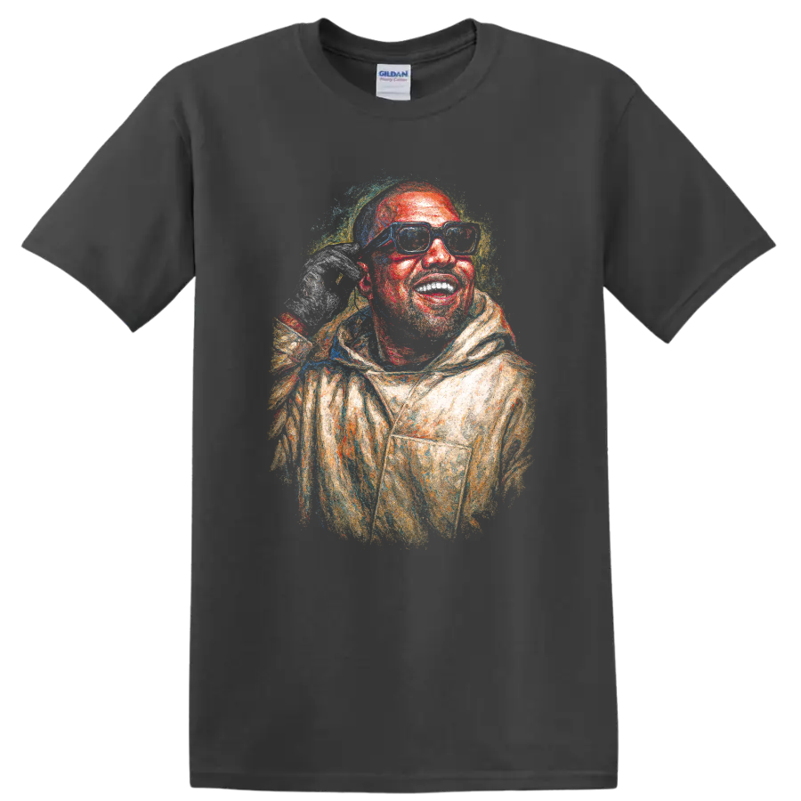 Colorful textured portrait of CeeLo Green wearing glasses and a hood on a Charcoal T Shirt