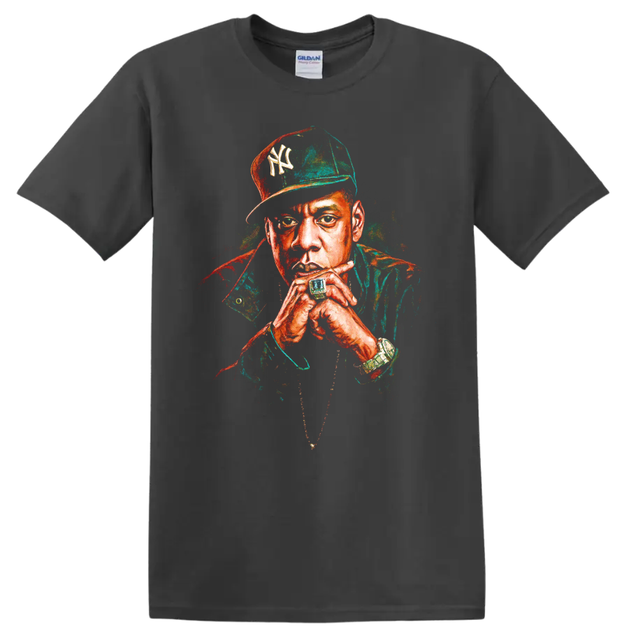 Jay-Z pop-art portrait wearing a New York Yankees-inspired cap on a Charcoal T Shirt