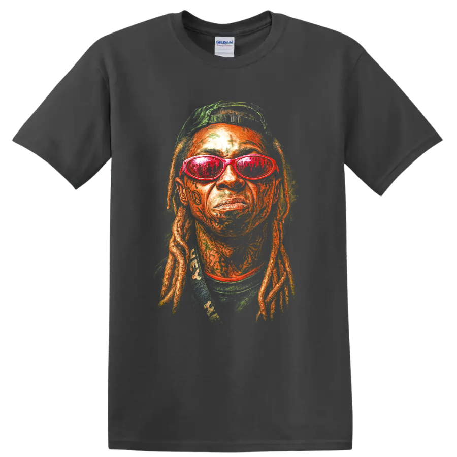 Lil Wayne pop-art portrait with red sunglasses and detailed locs on a Charcoal T Shirt