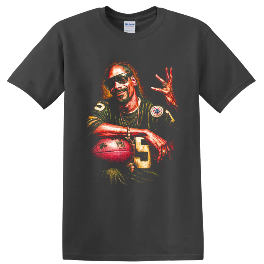 Snoop Dogg hip-hop portrait with football-inspired jersey and sunglasses on a Charcoal T Shirt