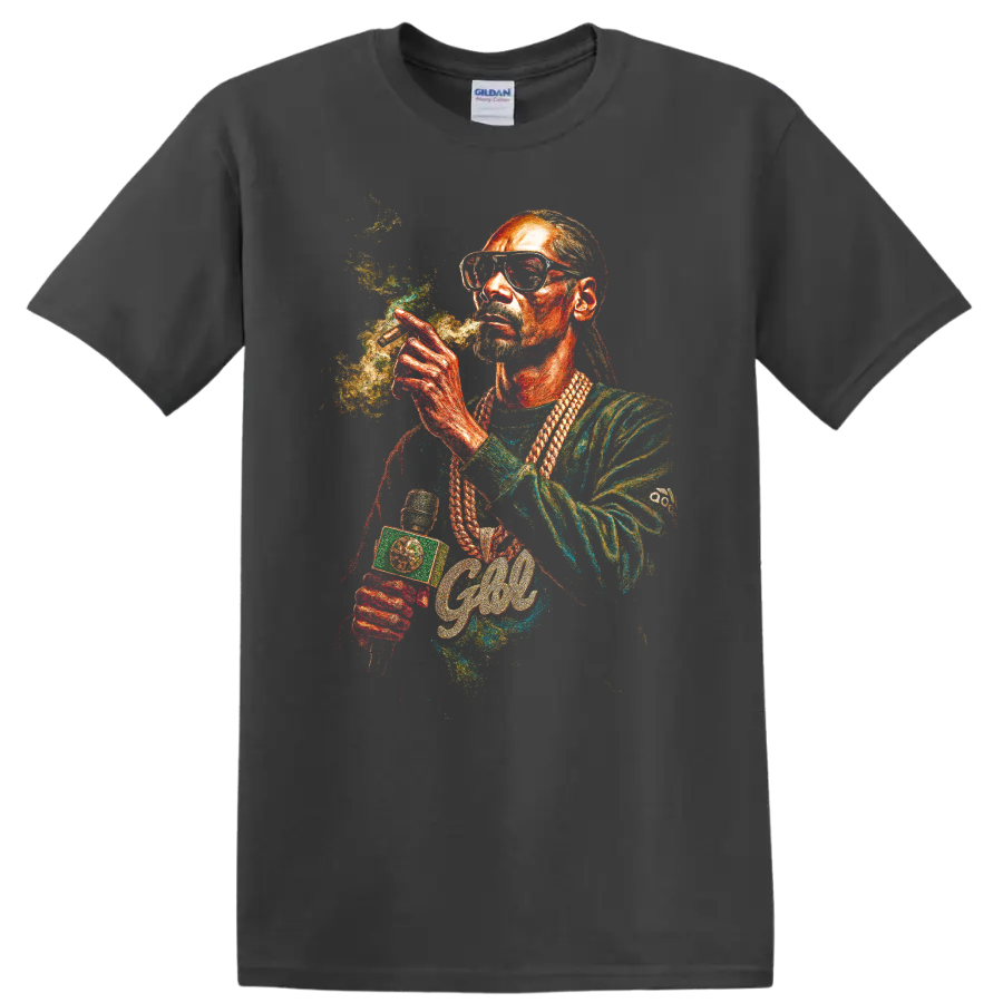 Colorful Snoop Dogg hip-hop portrait artwork with sunglasses and braids on a Charcoal T Shirt
