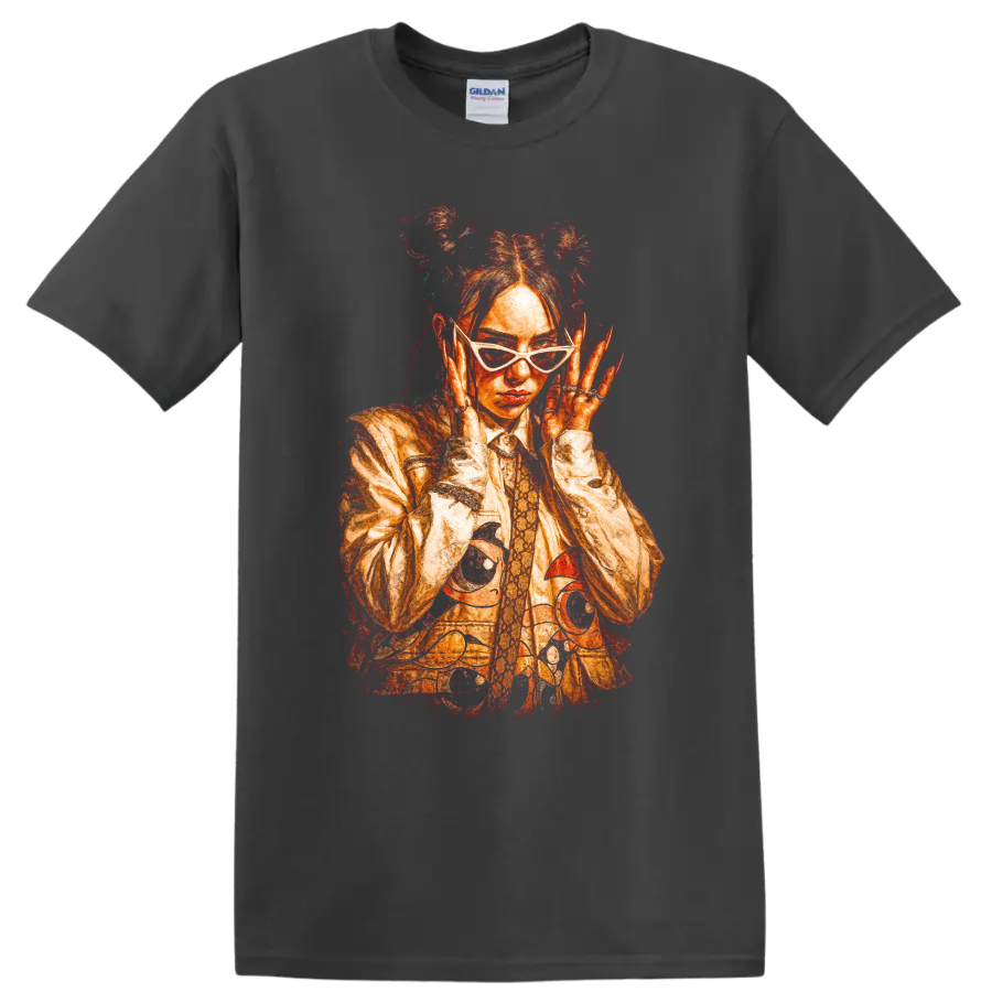 Billie Eilish fiery red-orange pop art portrait with sunglasses on a Charcoal T Shirt