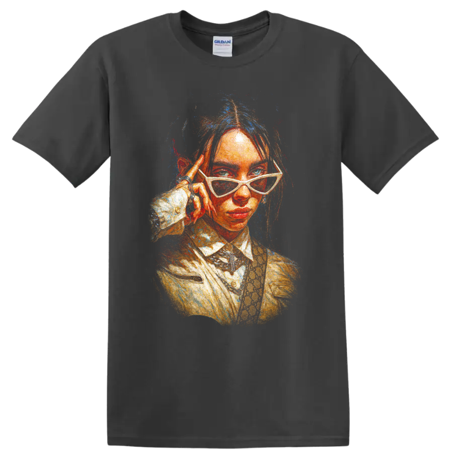 Billie Eilish stylized pop art portrait with white sunglasses on a Charcoal T Shirt