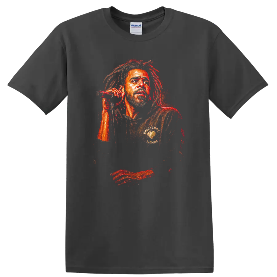 Stylized Bob Marley reggae portrait with microphone in red and orange tones on a Charcoal T Shirt