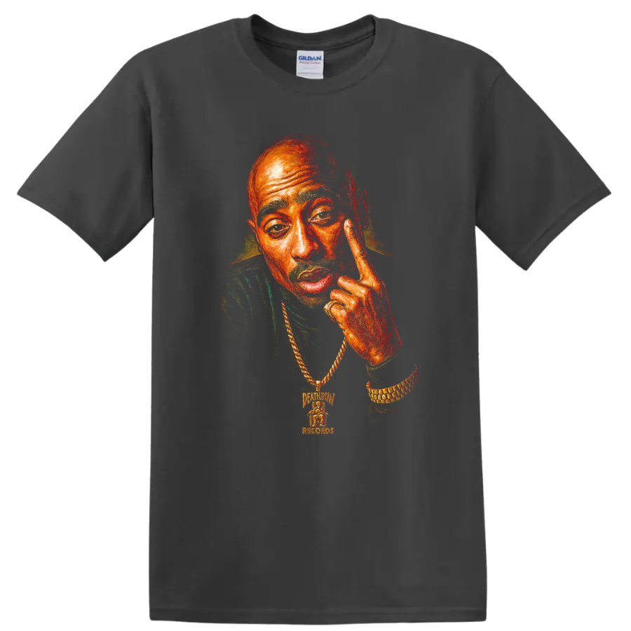 Tupac Shakur portrait in vivid red and orange hip-hop graphic style on a Charcoal T Shirt