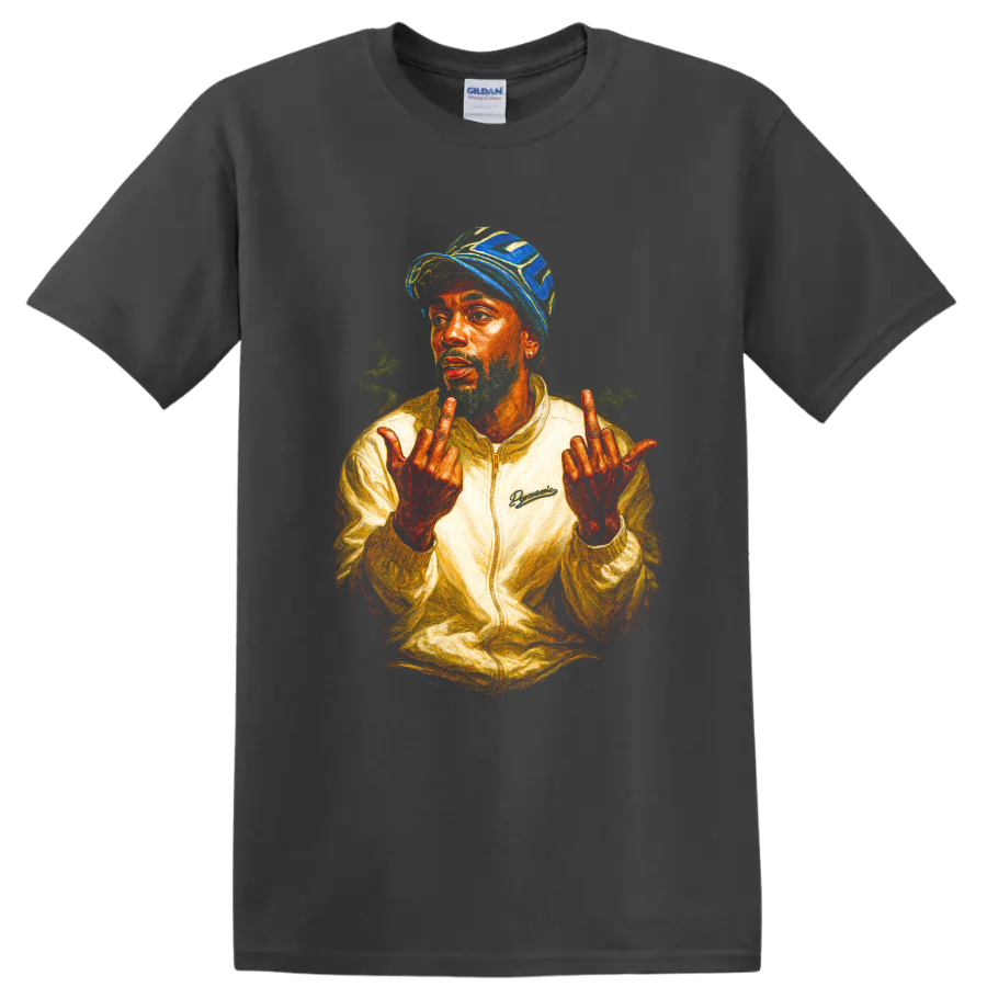 Tyler, the Creator color-pencil hip-hop portrait with raised hands on a Charcoal T Shirt