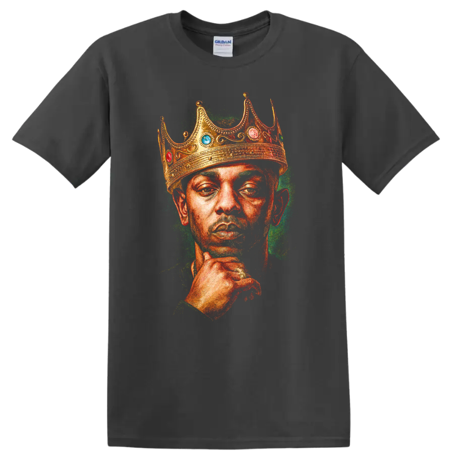 Kendrick Lamar crowned portrait graphic in vivid hip-hop illustration style on a Charcoal T Shirt