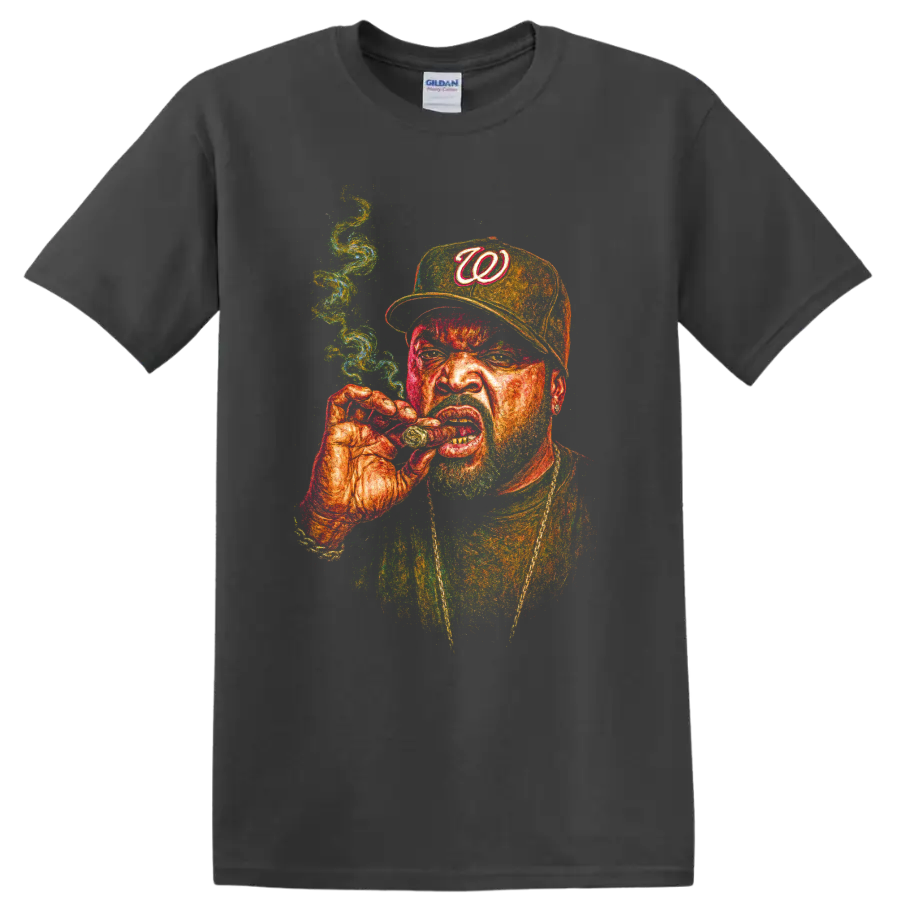 Ice Cube hip-hop portrait with Washington W cap and smoking pose on a Charcoal T Shirt