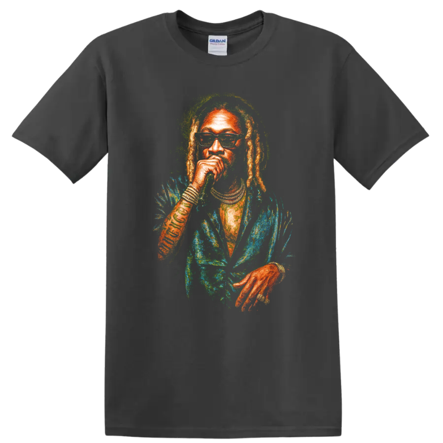 Colorful Don Carlos Black Uhuru reggae portrait graphic with dreadlocks on a Charcoal T Shirt