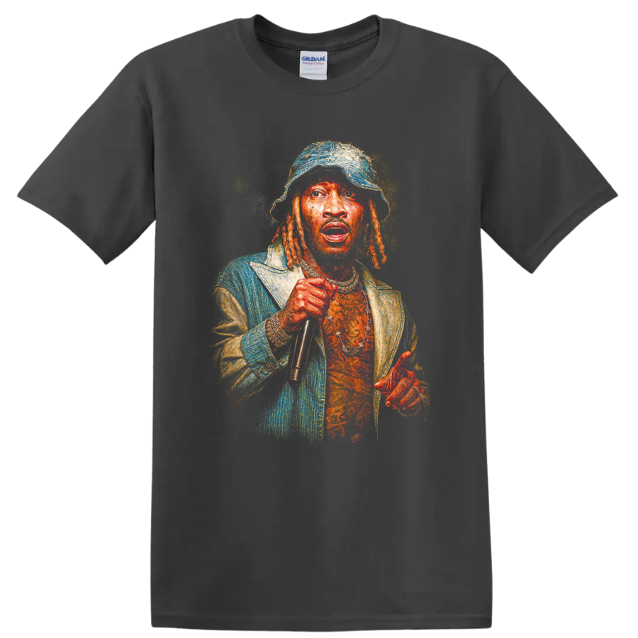 Shablizy King hip-hop album cover portrait with microphone and bucket hat on a Charcoal T Shirt
