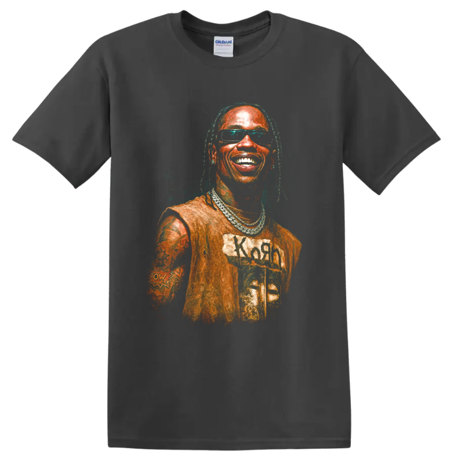 Stylized Travis Scott portrait with sunglasses and layered chains on a Charcoal T Shirt