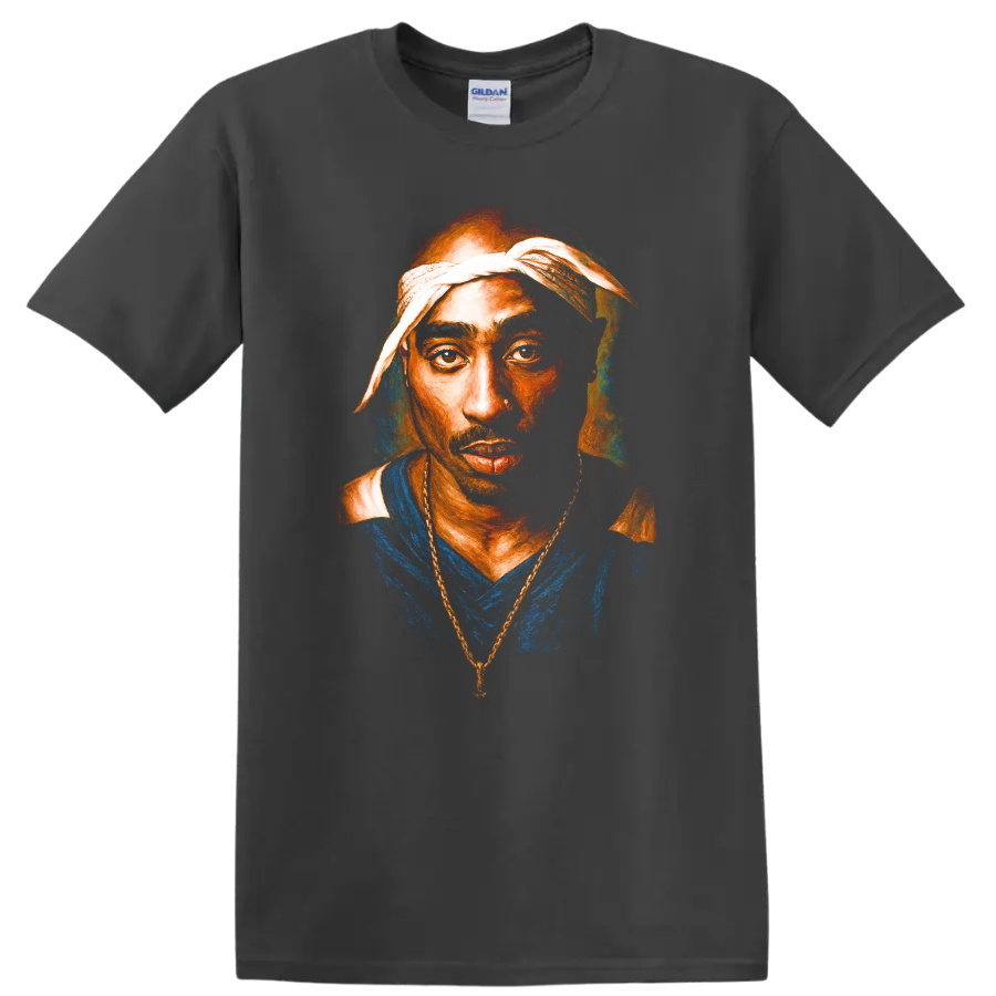 Tupac Shakur portrait artwork in bold painterly hip-hop style on a Charcoal T Shirt