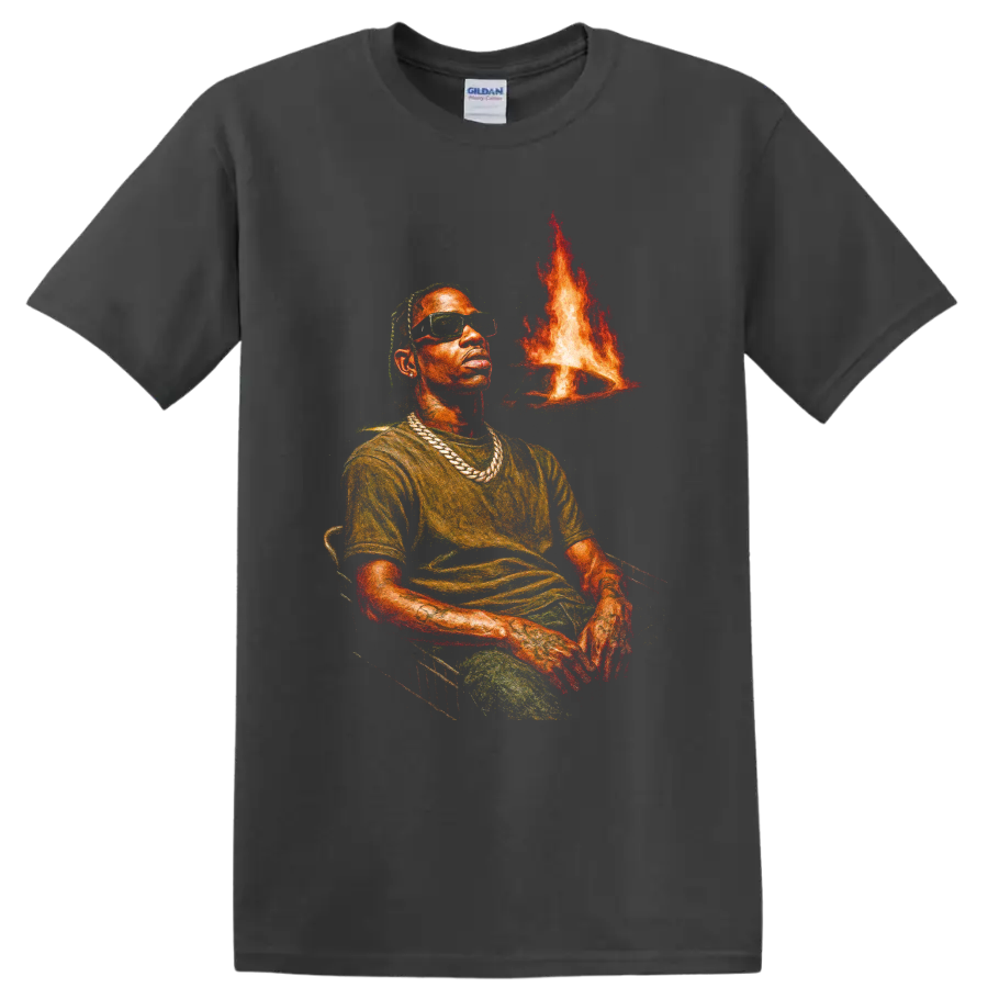 Travis Scott Utopia portrait graphic with sunglasses, chains, and flames on a Charcoal T Shirt