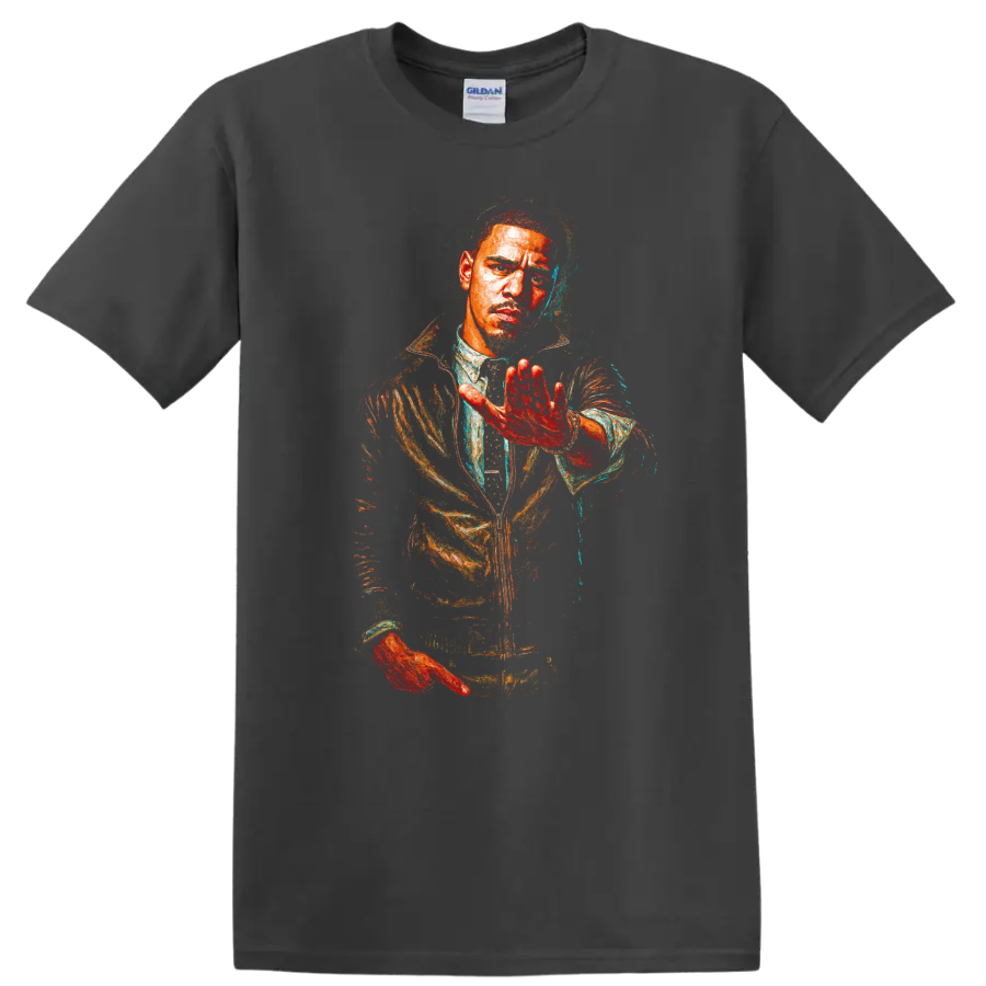 Common portrait in vivid distressed hip-hop graphic art on a Charcoal T Shirt