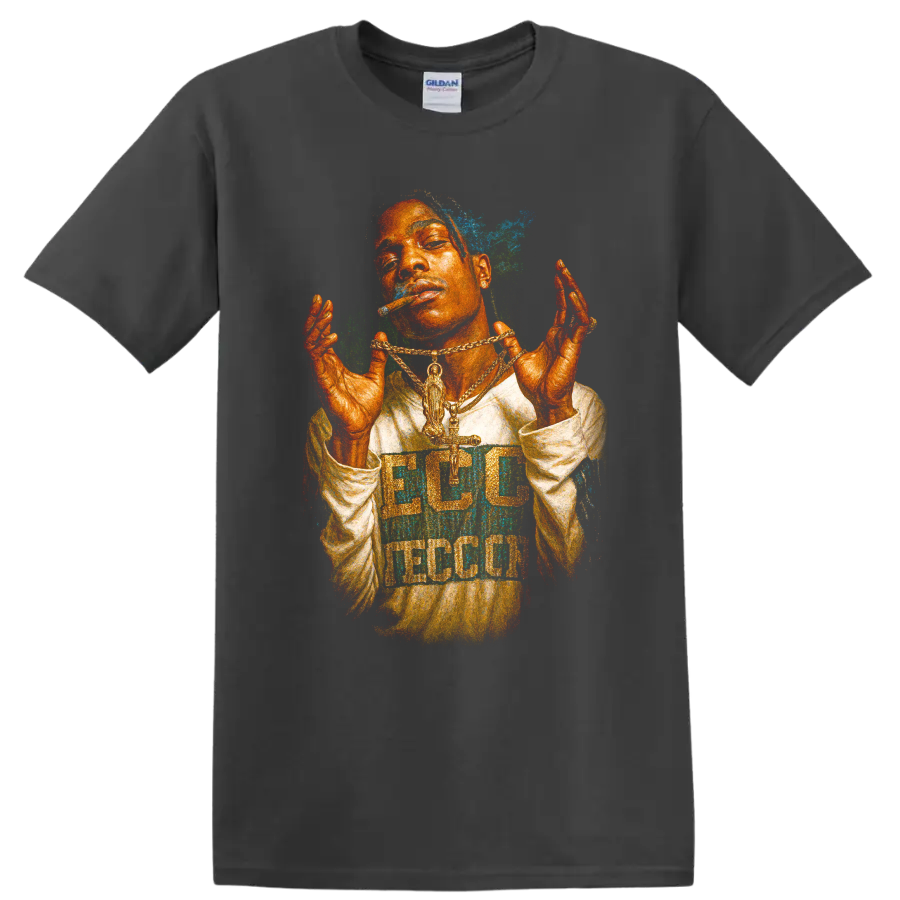 DaBaby colorful hip-hop fan art portrait with layered gold chains on a Charcoal T Shirt