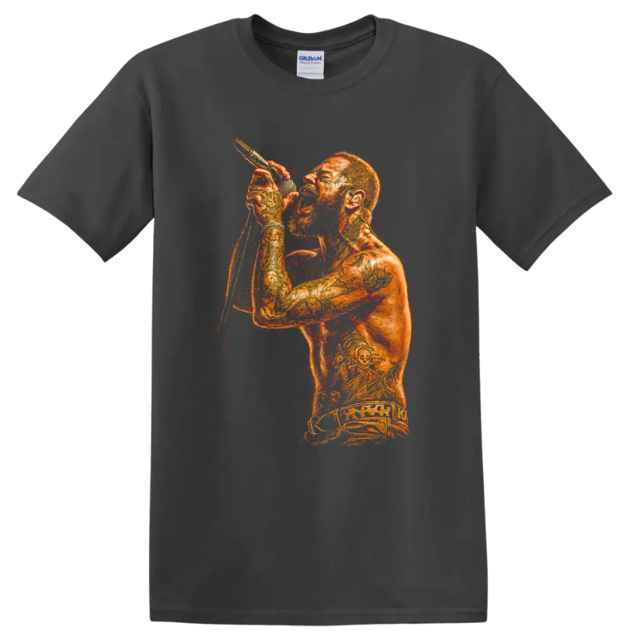 Post Malone live performance portrait with microphone in fiery orange art on a Charcoal T Shirt