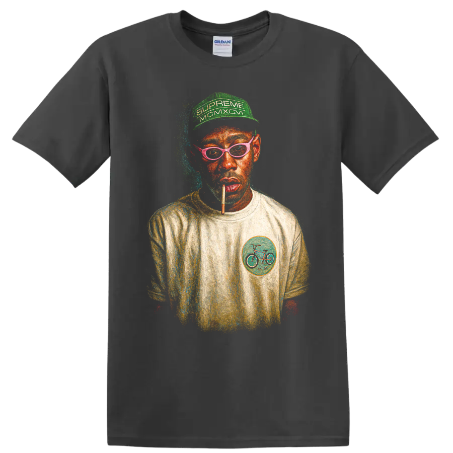 Tyler, the Creator stylized portrait with green cap and pink glasses on a Charcoal T Shirt