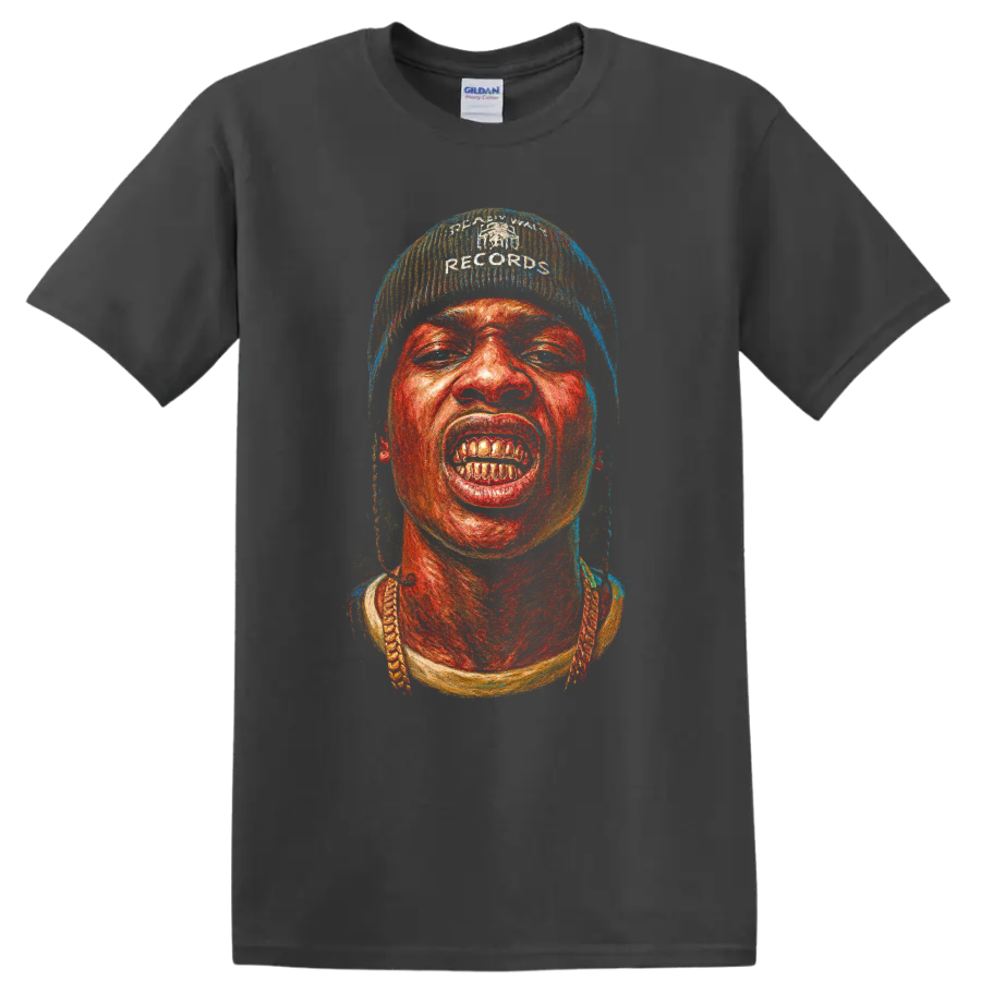 Travis Scott portrait graphic with gritty red and blue hip-hop artwork on a Charcoal T Shirt