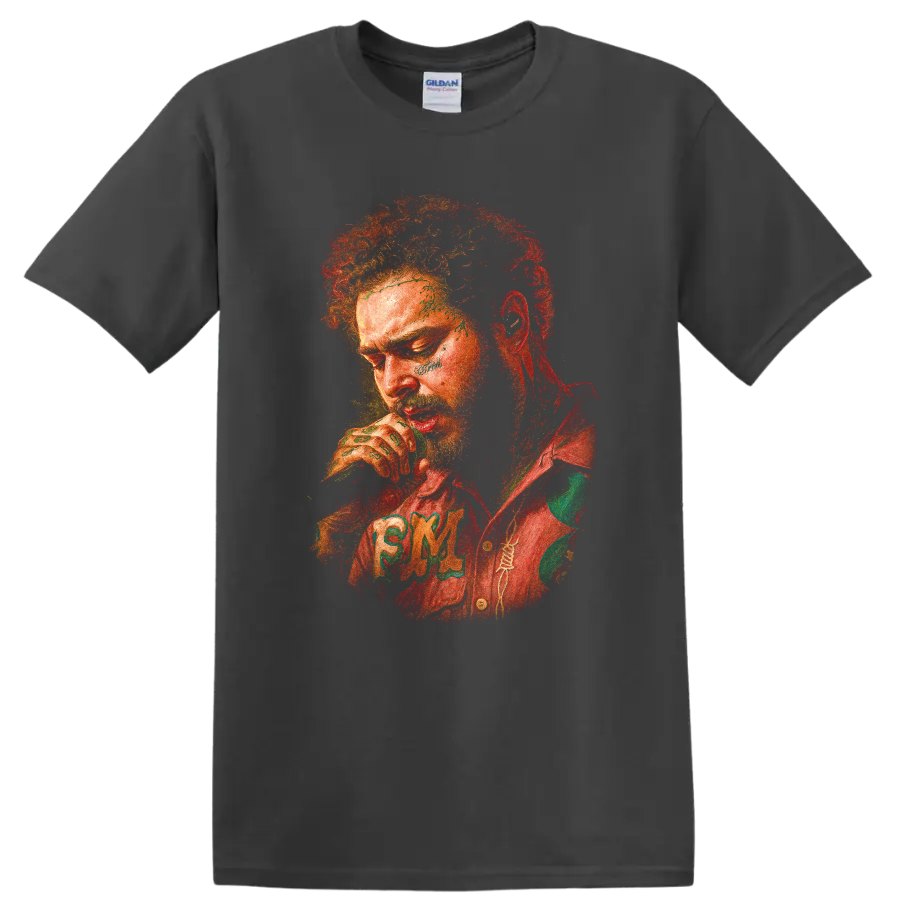 Boko Yout expressive red and green post-punk portrait graphic on a Charcoal T Shirt