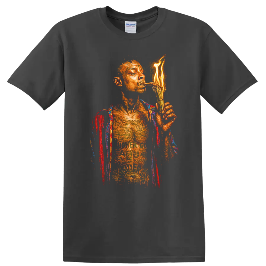 DaBaby hip-hop portrait with flame-inspired torch graphic on a Charcoal T Shirt