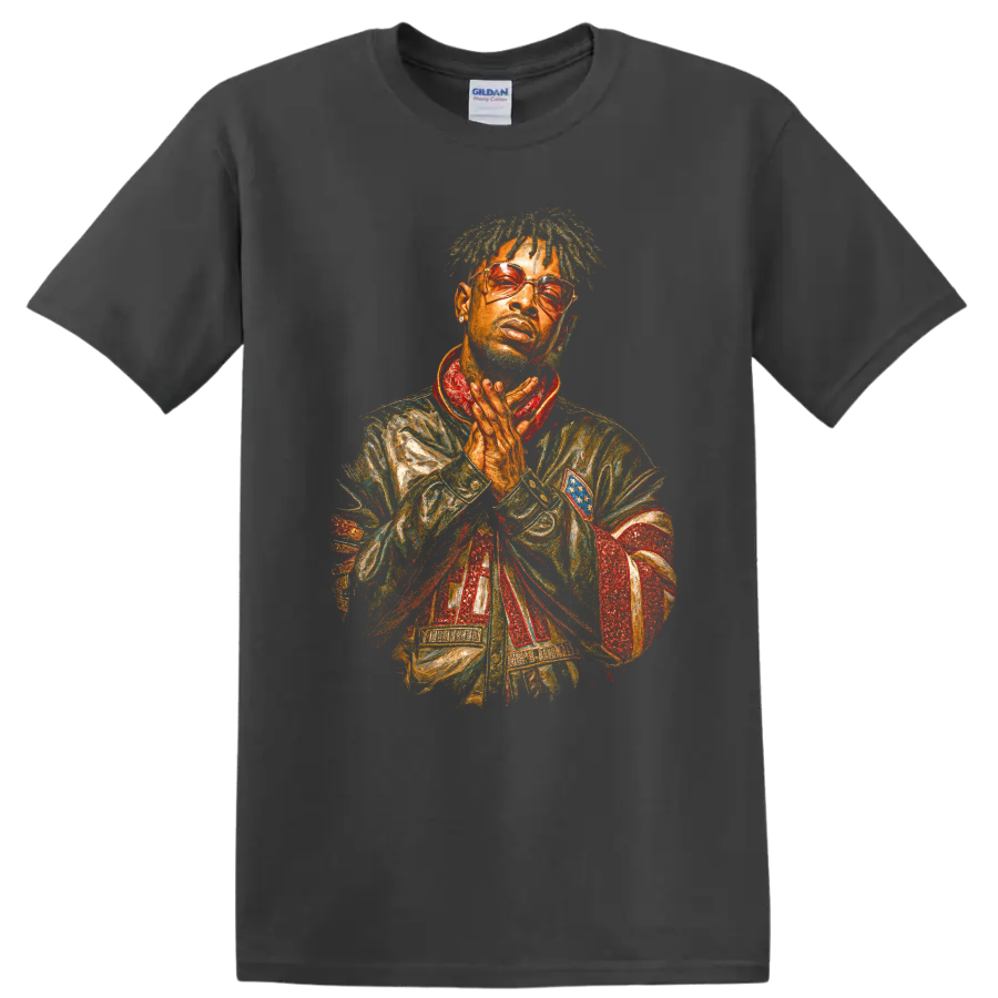 21 Savage stylized hip-hop portrait with tinted glasses and bold painted texture on a Charcoal T Shirt