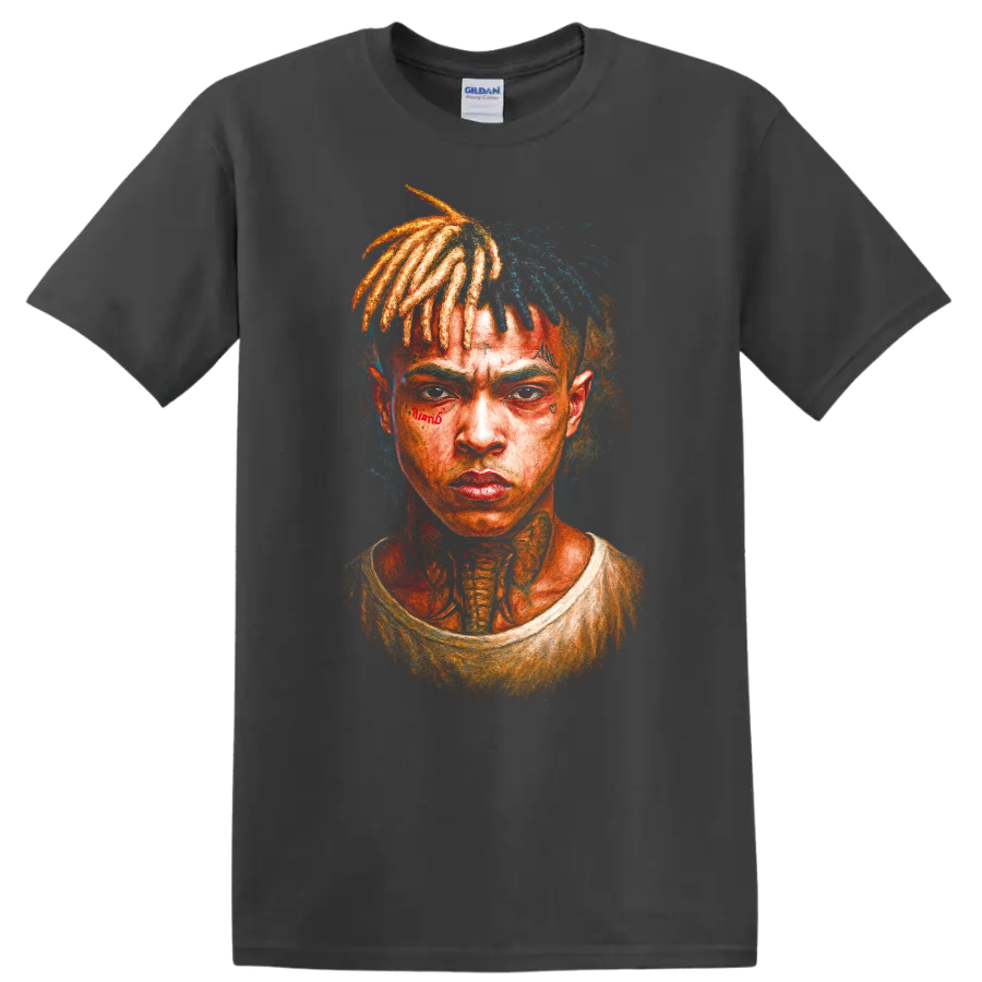 XXXTentacion portrait fan sketch with colorful dreadlocks on a Charcoal T Shirt