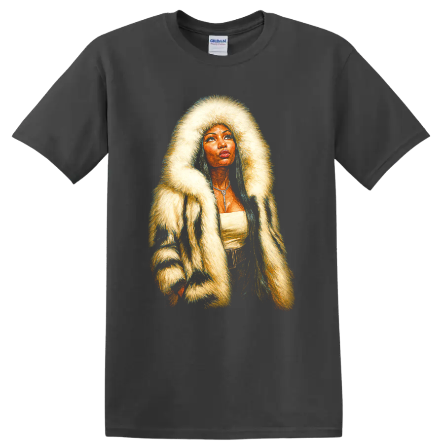 Nicki Minaj-inspired hip-hop portrait with dramatic fur hood on a Charcoal T Shirt