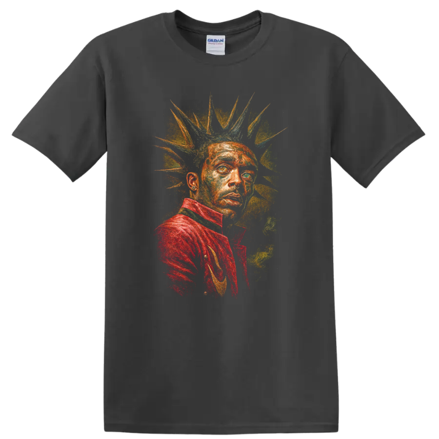 Mikhail Gorshenev punk rock portrait with spiked hair and vivid colors on a Charcoal T Shirt