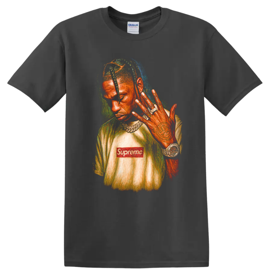 Travis Scott pop-art portrait with Supreme logo and colorful graphic style on a Charcoal T Shirt