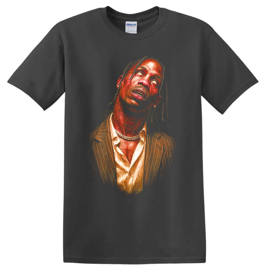 Travis Scott abstract portrait graphic art on a Charcoal T Shirt