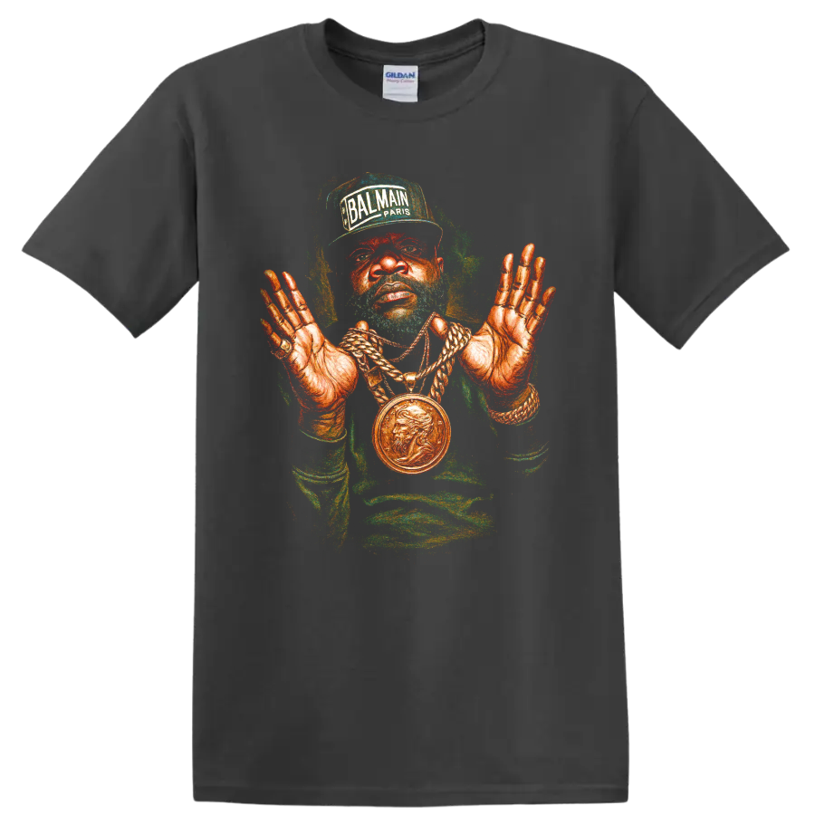 Rick Ross hip-hop portrait with Balmain Paris cap and gold chain artwork on a Charcoal T Shirt
