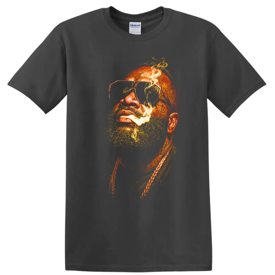 Rick Ross portrait artwork with beard and tinted glasses on a Charcoal T Shirt