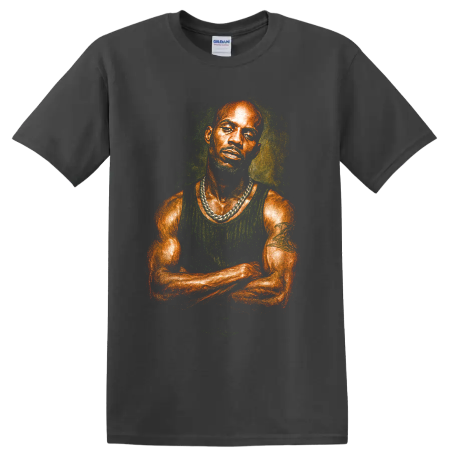 DMX pastel-style hip-hop portrait drawing with vivid colors on a Charcoal T Shirt
