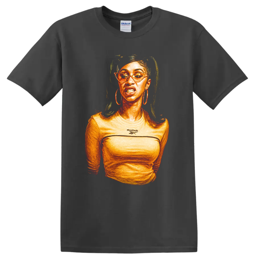 Cardi B stylized hip hop portrait with glasses and hoop earrings on a Charcoal T Shirt