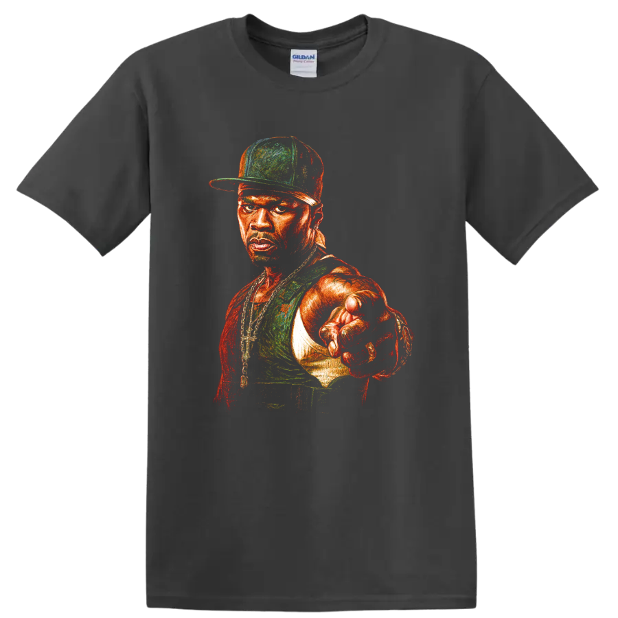 50 Cent portrait graphic with cap, jewelry, and forward-pointing pose on a Charcoal T Shirt