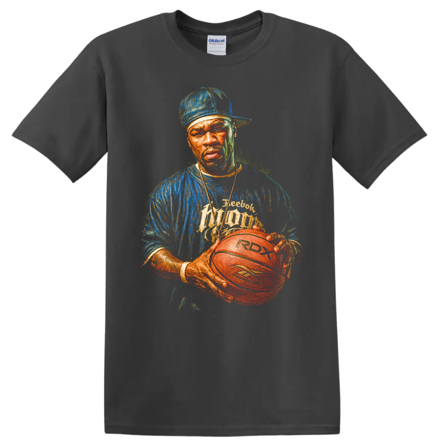 50 Cent hip-hop portrait holding a Reebok RDX basketball graphic on a Charcoal T Shirt