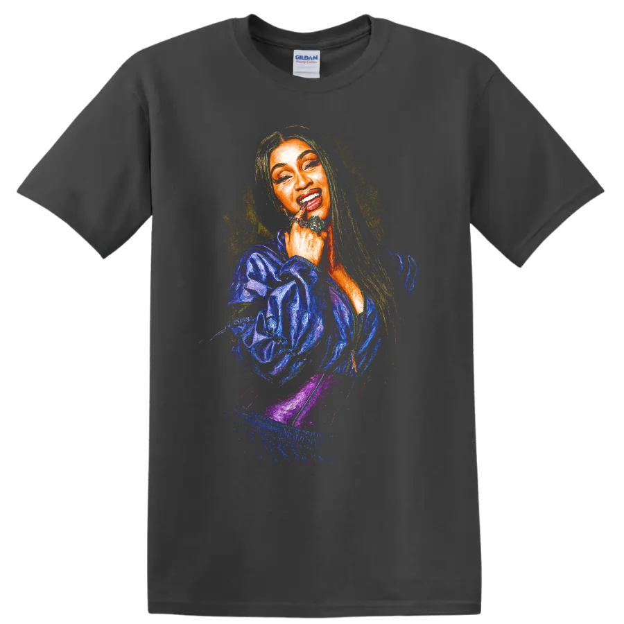 Cardi B pop art digital portrait with vibrant colors on a Charcoal T Shirt