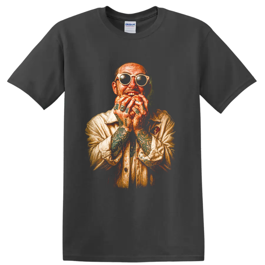 Mac Miller colored-pencil portrait with sunglasses and tattooed hands on a Charcoal T Shirt