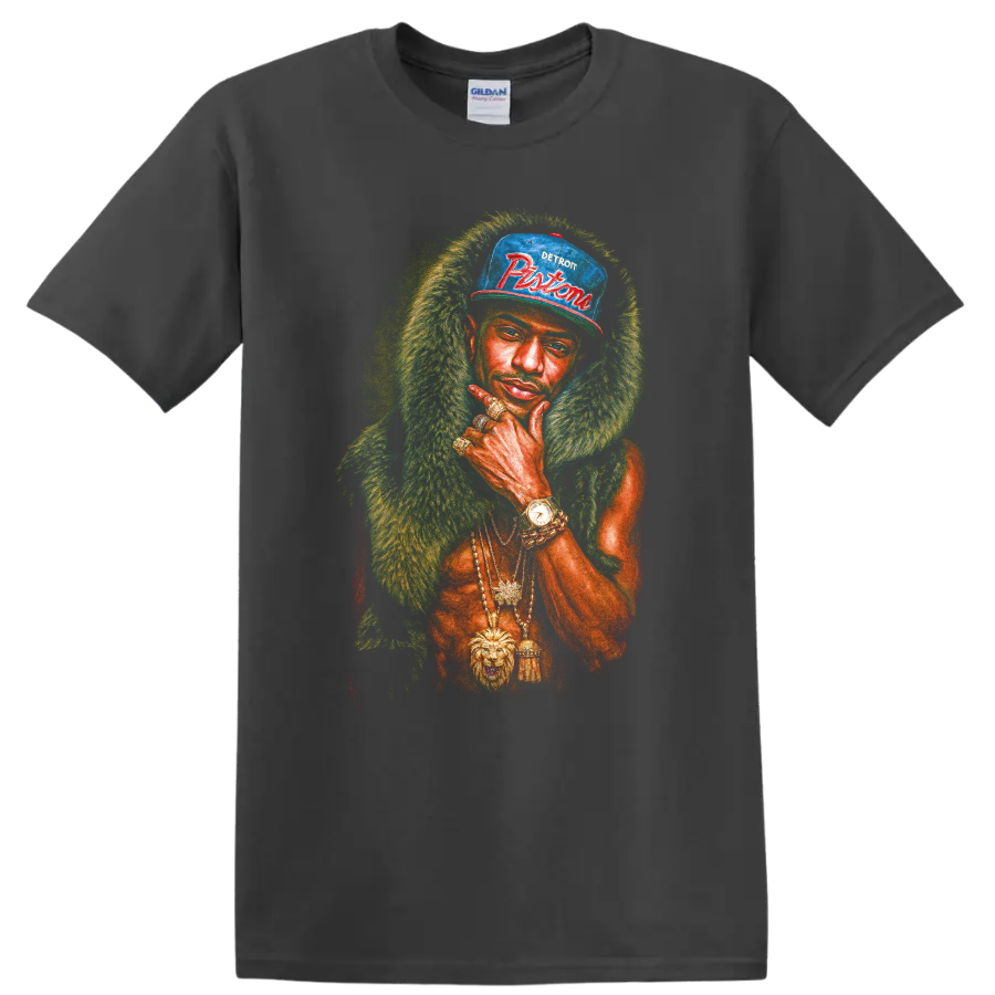 R. Kelly portrait graphic with Detroit Pistons cap and gold jewelry on a Charcoal T Shirt