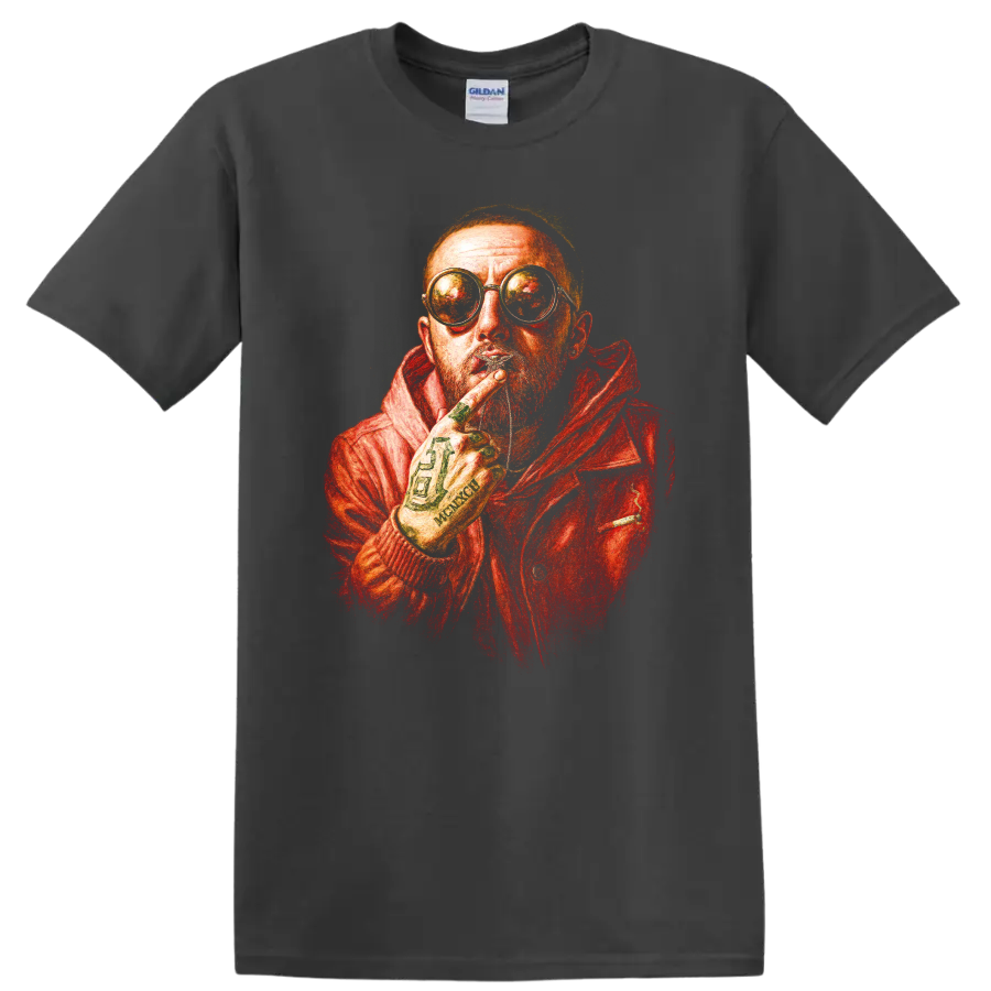 Mac Miller red-orange hip-hop portrait with round glasses on a Charcoal T Shirt