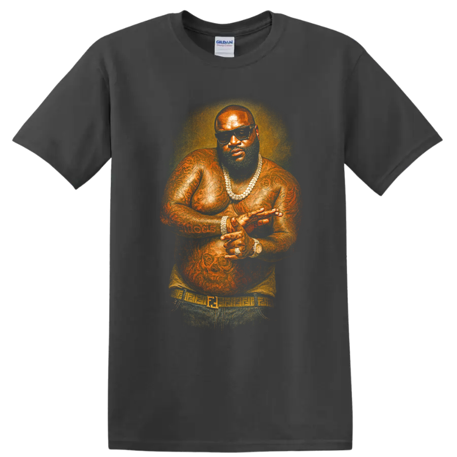 Rick Ross illustrated hip-hop portrait with sunglasses and jewelry on a Charcoal T Shirt