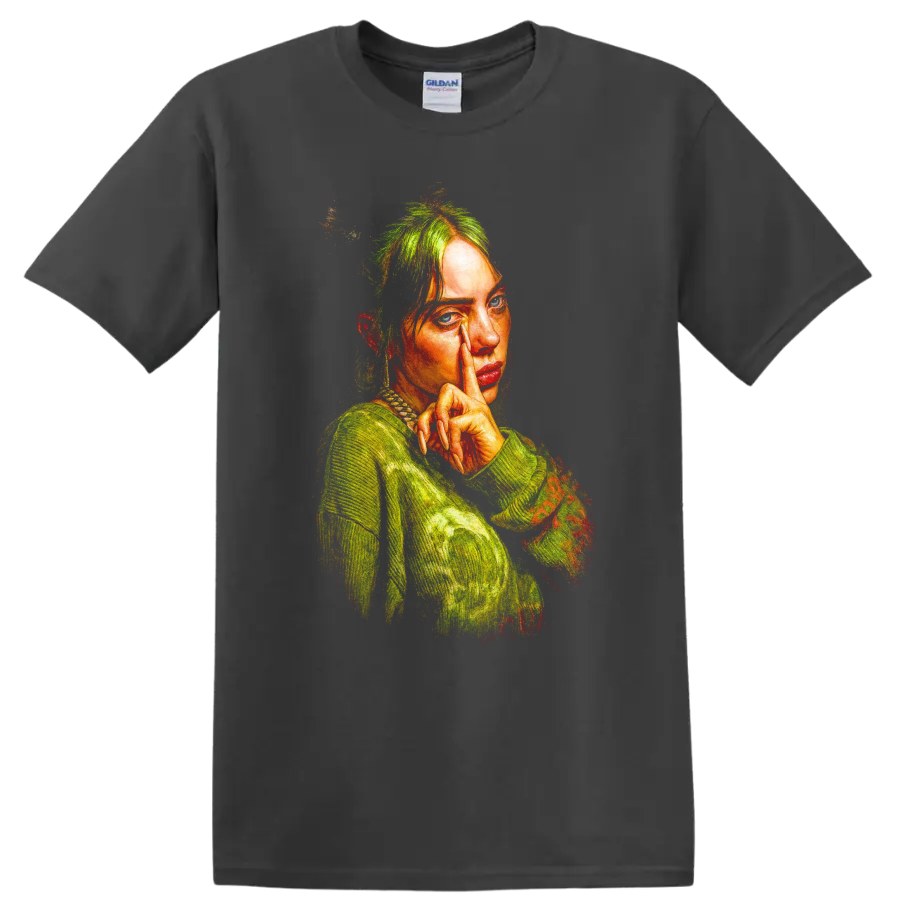 Billie Eilish pointillist portrait fan art in vivid green and orange tones on a Charcoal T Shirt