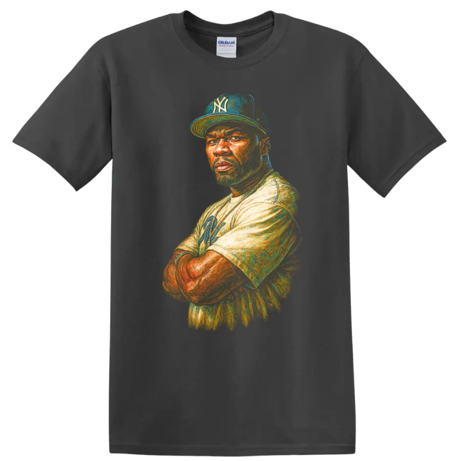 Colorful painterly portrait of 50 Cent wearing a Yankees cap on a Charcoal T Shirt